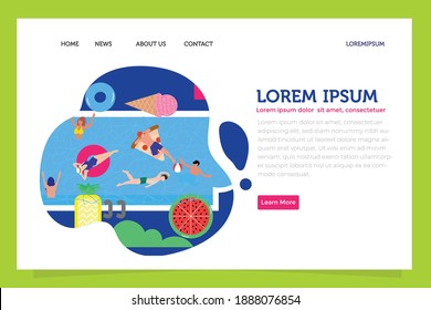 landing page summer pool party. Happy people relaxing at party near swimming pool. Theme for banner, website design or landing web page ou ui