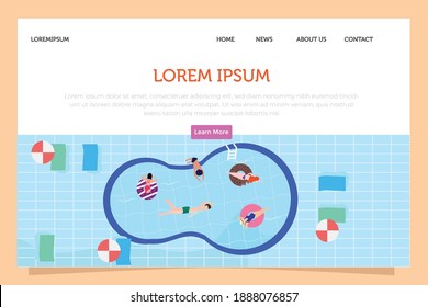 landing page summer pool party. Happy people relaxing at party near swimming pool. Theme for banner, website design or landing web page ou ui