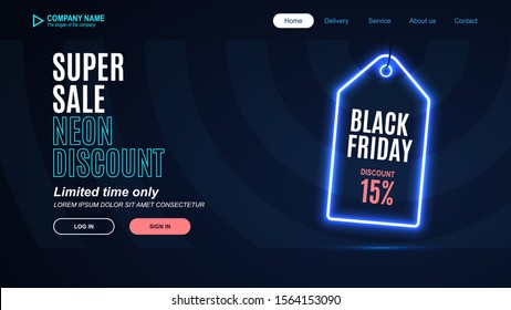 Landing page of super sales. Neon label black friday. Vector