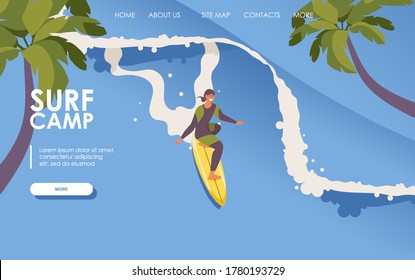 Landing page for surf school. Isometric man riding surfboard. Long wave, palms. Concept extreme sport outdoor scene good for surfing camp web site