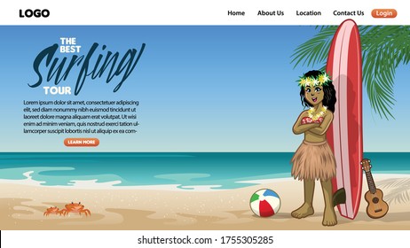 landing page of surfing tour in cartoon style