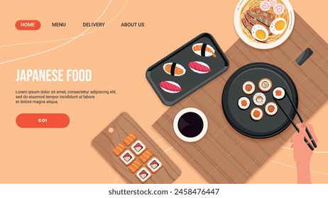 Landing page de un restaurante de sushi de comida asiática. Compras en línea, entrega. Mano de mujer sosteniendo palillos. Vector