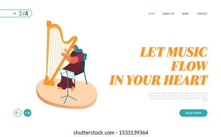 Landing Page of Symphony Orchestra Playing Classical Music Concert, Musician with Instrument Harp Performing on Stage Concept Website, Web page. Cartoon Flat Vector Illustration