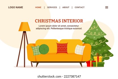 Landing page tamplate with christmas interior for living room. Orange Sofa, floor lamp, Christmas tree. Vector elements for a festive background, banner, website, store
