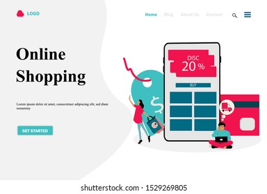 Landing page tamplate of Online Shopping. Sale, consumerism and people concept. Flat design concept of web page design for website and mobile website.