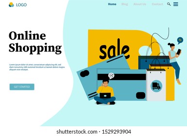 Landing page tamplate of Online Shopping. Sale, consumerism and people concept. Flat design concept of web page design for website and mobile website.