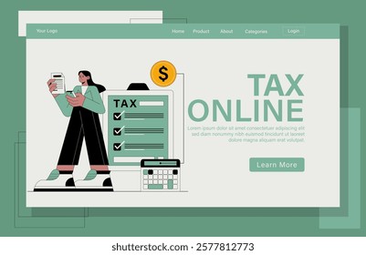 Landing page Tax online illustration concept. A women is standing in front of a tax form