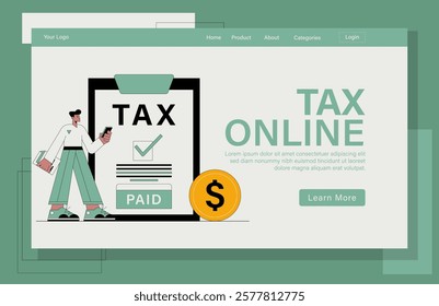 Landing page Tax online illustration concept. A man  is standing in front of a tax form