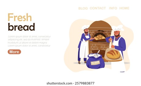 Landing page Team of bakers prepares different types of bread. Man with spatula pulls out freshly baked buns from oven. Chefs prepare baked goods for sale. Hand drawn vector.