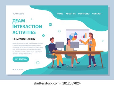 Landing Page von Team Interaktion Aktivitäten. Büroangestellte am Tisch mit Monoblocks. Frauen-Moderator zeigt mit Pie-Chart, Graphen an Bord. Benutzermenü, Infografik-Symbole. Flache Vektorgrafik