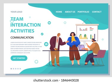 Landing page team interaction activities site. Red-haired man stands and tells sth, girl crossed her arms over chest, man sits and prints document on laptop. Office room, board with analytical data