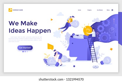 Landing page with team of men and women, managers or office workers collecting light bulbs into giant head. Innovative ideas creation, creative work, brainstorming. Colorful flat vector illustration.