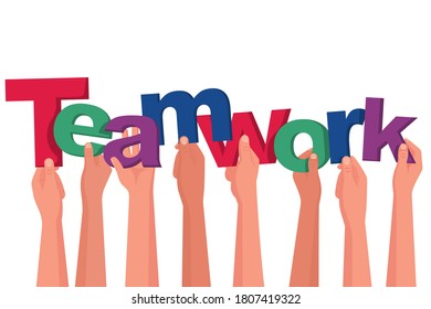Landing page teamwork. Teamwork of businessmen holds in hand  letters word. People creative. Symbol brainstorming. Vector illustration flat design. Isolated on background. Business metaphor abstract.