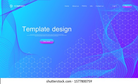 Landing page tech background with colorful dynamic waves and hexagonal boxes. Geometric abstract background with lines and dots, cube cell. Website template design. Vector illustration