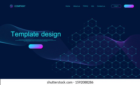 Landing page tech background with colorful dynamic waves and hexagonal boxes. Geometric abstract background with lines and dots, cube cell. Website template design. Vector illustration