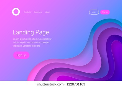 Landing page template. 3D abstract gradient paper cut waves. Trendy style. Vector illustration.