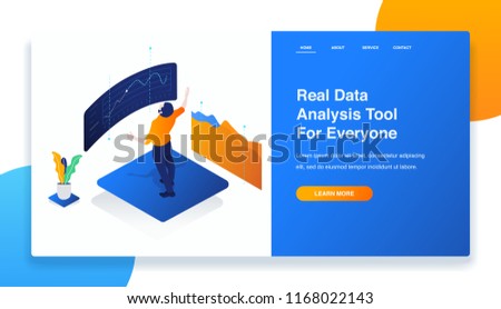 Landing page template, 3d isometric illustration data analysis