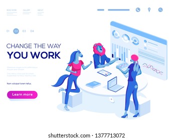 Landing page template. 3d vector isometric illustration. People work in a team and interact with graphs. Business, workflow management and office situations.