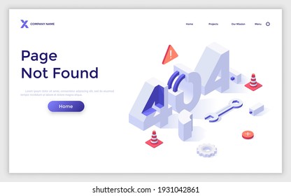 Landing page template with 404 number, wrench, gear wheel, traffic cones. Concept of technical error, page not found, online service notification. Modern isometric vector illustration for website.