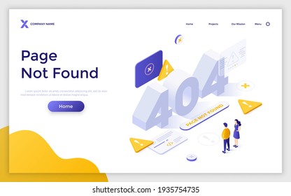 Landing Page Template With 404 Number, People, Warning Signs. Concept Of Webpage Under Construction, Server Is Unavailable, Access Denied, Technical Error. Isometric Vector Illustration For Website.