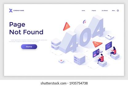 Landing page template with 404 number and people working on computers. Concept of page not found, server under maintenance, warning notification. Modern isometric vector illustration for website.