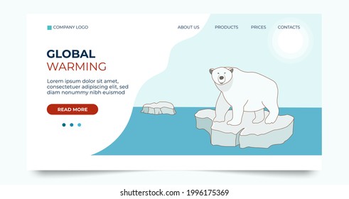 Landing page template about global warming and climate change. A polar bear swims on an ice floe in the Arctic. Vector illustration