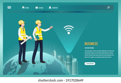 Landing page template about internet wireless communication,vector internet concept design,Computer engineers talking
