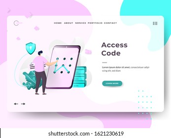 Landing page template of Access Code. man is opening the pattern code on the smartphone. Modern flat design concept of web page design for websites and mobile websites. Vector illustration