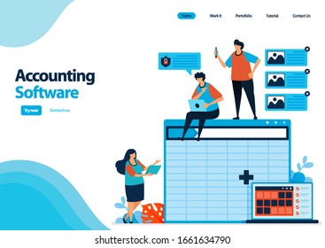 landing page template of accounting software with a worksheet to making of balance sheet. spreadsheet software on computers and laptops. illustration for ui ux, website, web, mobile apps, flyer, ads