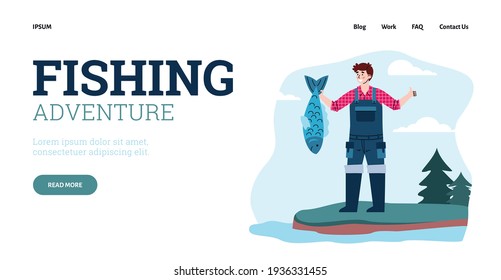 Landing page template with advertise of adventure and trip in fishing season.