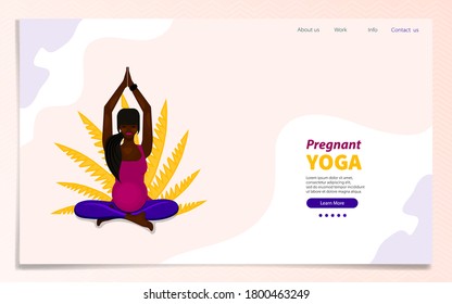 Landing page template. African American pregnant girl in lotus position. Vector illustration in flat style.