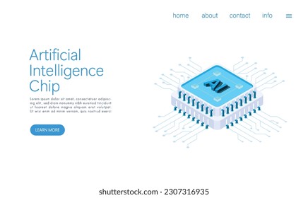 Landing page template ai cpu digital technology. artificial intelligence computer. Abstract futuristic hitech style. computing processor board chip wallpaper. Isometric vector.