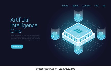Landing page template ai cpu digital technology with brain. artificial intelligence computer. Abstract futuristic hitech style. computing processor board chip wallpaper. Isometric vector.
