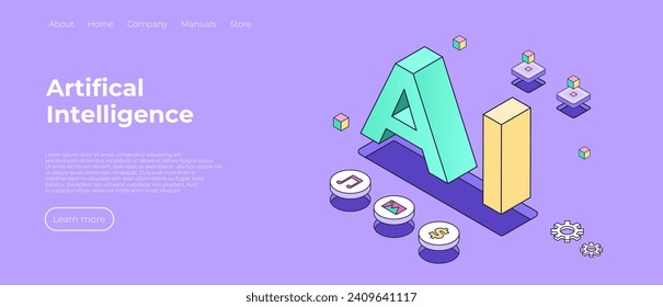 Landing page template ai. Website template for ai machine deep learning technology. Abstract minimalistic style. Ai technology background. Web banner layout template