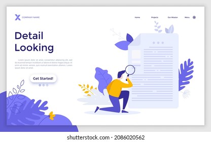 Landing page template with analyst examining document and looking at details using magnifying glass. Concept of business analysis, audit, professional check of documentation. Flat vector illustration.