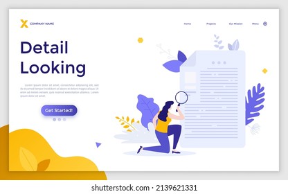 Landing page template with analyst examining document and looking at details using magnifying glass. Concept of business analysis, audit, professional check of documentation. Flat vector illustration.