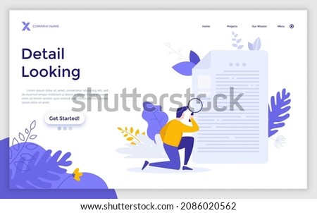 Landing page template with analyst examining document and looking at details using magnifying glass. Concept of business analysis, audit, professional check of documentation. Flat vector illustration.