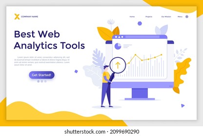 Landing Page Template mit Analyst mit Lupe Blick auf Diagramm auf Computer-Bildschirm. Konzept der Web-Analyse, statistische Analyse der Internetdaten. Moderne flache Vektorgrafik für Webseiten.