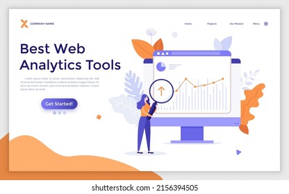 Landing page template with analyst with magnifier looking at chart on computer screen. Concept of web analytics, statistical analysis of internet data. Modern flat vector illustration for webpage.