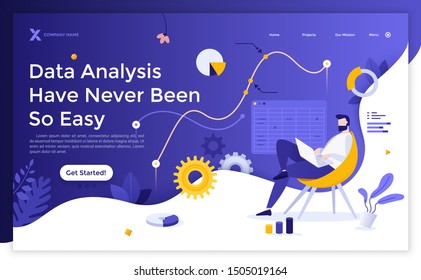 Landing page template with analyst sitting on chair and working on laptop computer, charts, diagrams, graphs. Online service for big data analysis, business analytics. Modern vector illustration.