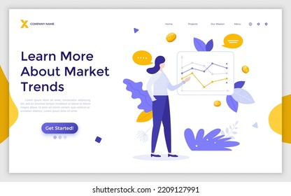 Landing page template with analyst or stockbroker analyzing stock exchange charts. Concept of market trends analysis, research, investment strategy, IPO. Modern flat vector illustration for webpage.