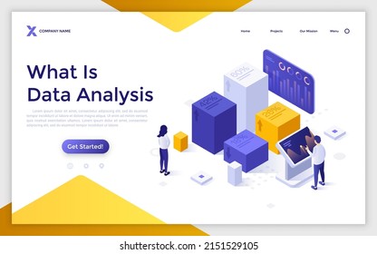 Landing page template with analysts looking at column chart with percentage indicators. Concept of data science and information analysis. Modern isometric vector illustration for banner, poster.