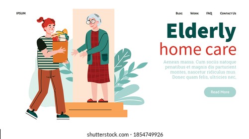 Landing page template for app of support, care and help for older person with disabilities. Girl volunteer delivers food for elderly woman during quarantine. Vector illustration