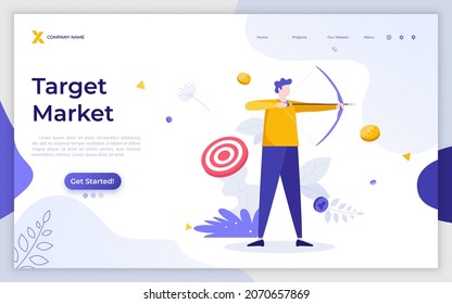 Landing page template with archer or bowman holding bow and arrow, aiming and shooting. Concept of market target, business goal achievement strategy. Modern flat vector illustration for webpage.