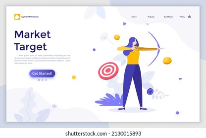 Landing page template with archer or bowman holding bow and arrow, aiming and shooting. Concept of market target, business goal achievement strategy. Modern flat vector illustration for webpage.
