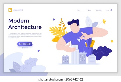 Landing page template with architect or engineer building megalopolis model with skyscrapers. Concept of urban architecture, city planning, construction. Modern flat vector illustration for webpage.