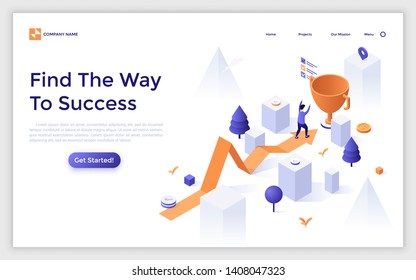 Landing page template with arrow chart and man finishing and celebrating victory beside giant golden champion cup. Way to success, winner in business competition. Modern isometric vector illustration.