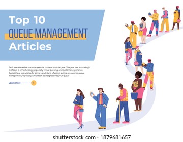 Landing page template with articles on management of people queue. Group characters men and women standing and waiting in big line. Vector illustration.