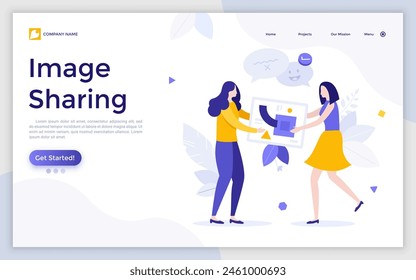 Landing page template with Artist, author or designer gives his artwork to woman. Legal use of creative work, image sharing, intellectual property licensing agreement. Modern flat vector illustration