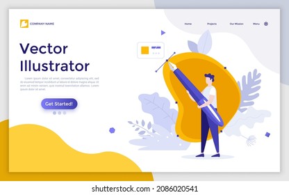 Landing page template with artist or designer drawing Bezier curve using pen tool. Concept of illustrator, graphic editor, program for digital art and design. Flat vector illustration for website. 